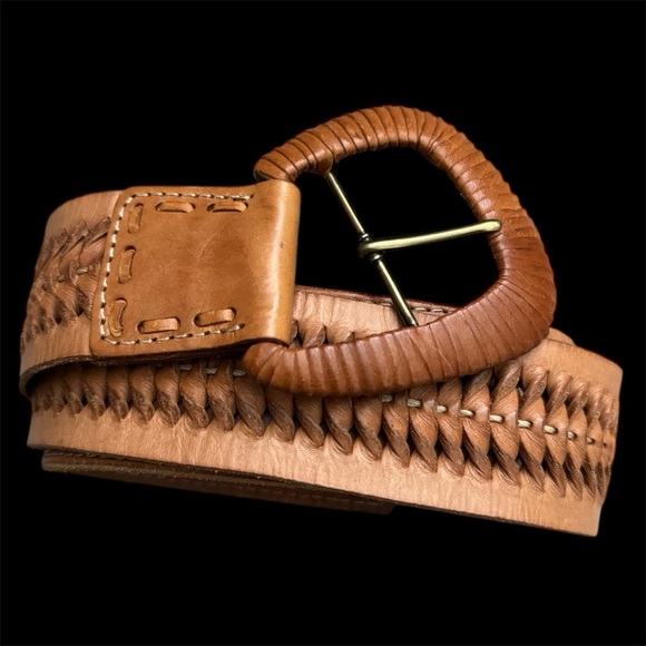 Via Spiga Tan Woven Leather Belt Boho Western Cowboy - Picture 2 of 9